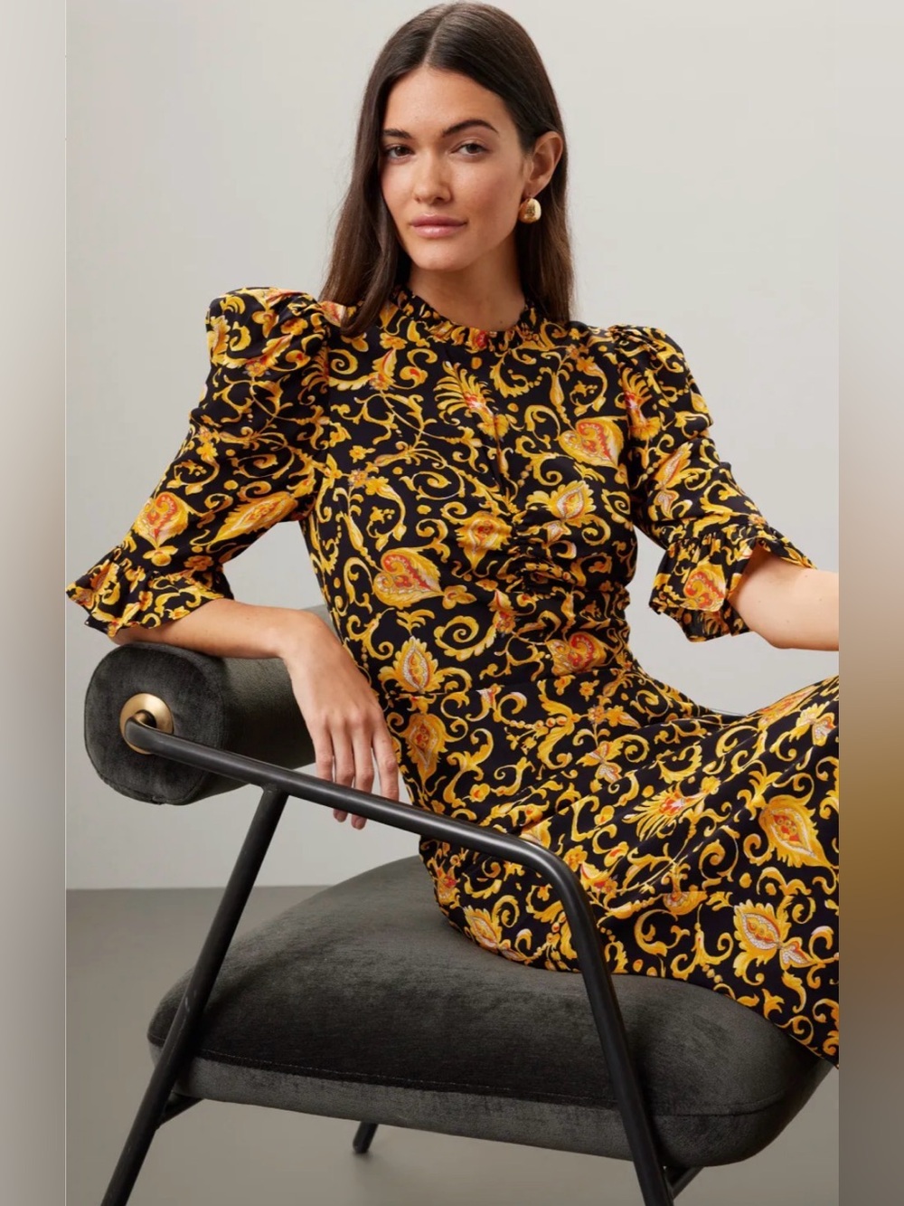 RHODE Felix Dress Black & Gold Floral Midi Dress with Ruffle Hem Sz 10 - Picture 9 of 17